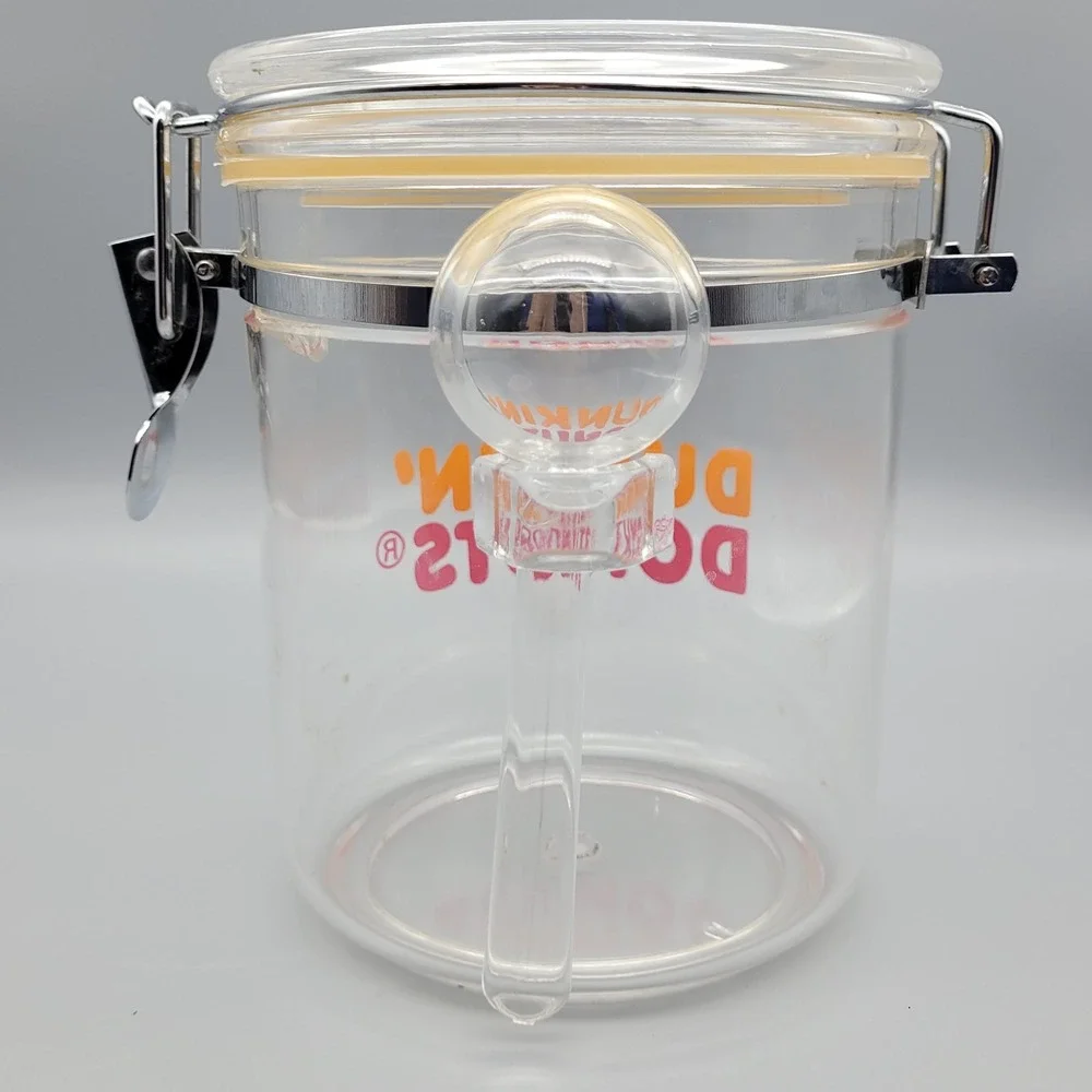 Vintage Dunkin Donuts Clear‎ Coffee Canister w Scoop, Holder, Locking Lid